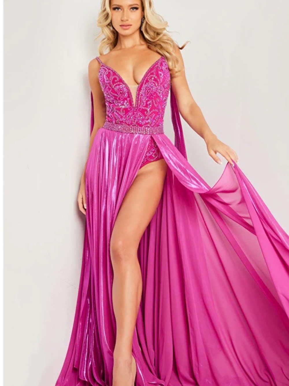 Jovani Fuchsia Beaded Plunge Prom Gown with High Slit